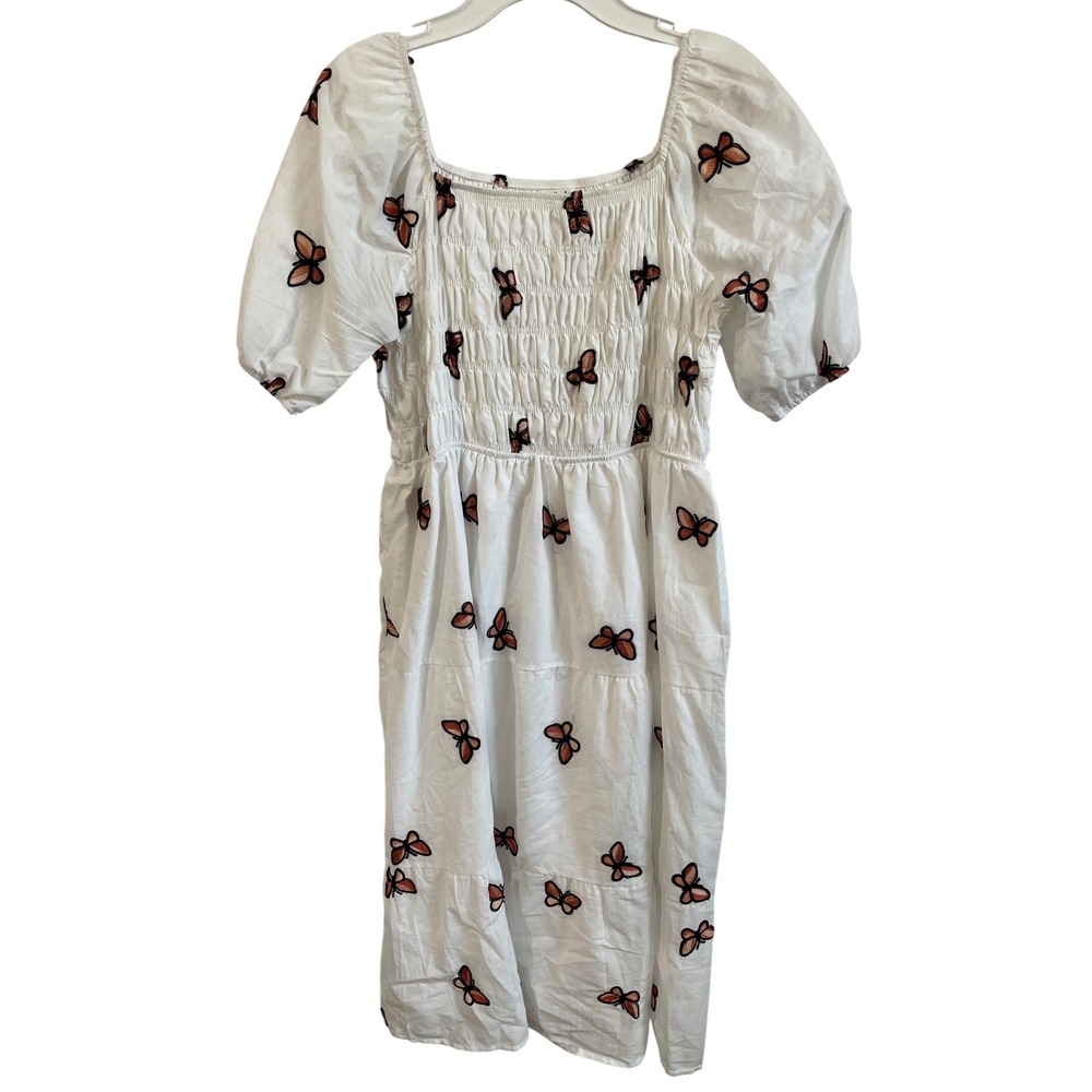 Kindred Dress Large Boho White Embroidered Butterfly Smocked Puff Sleeve Tiered